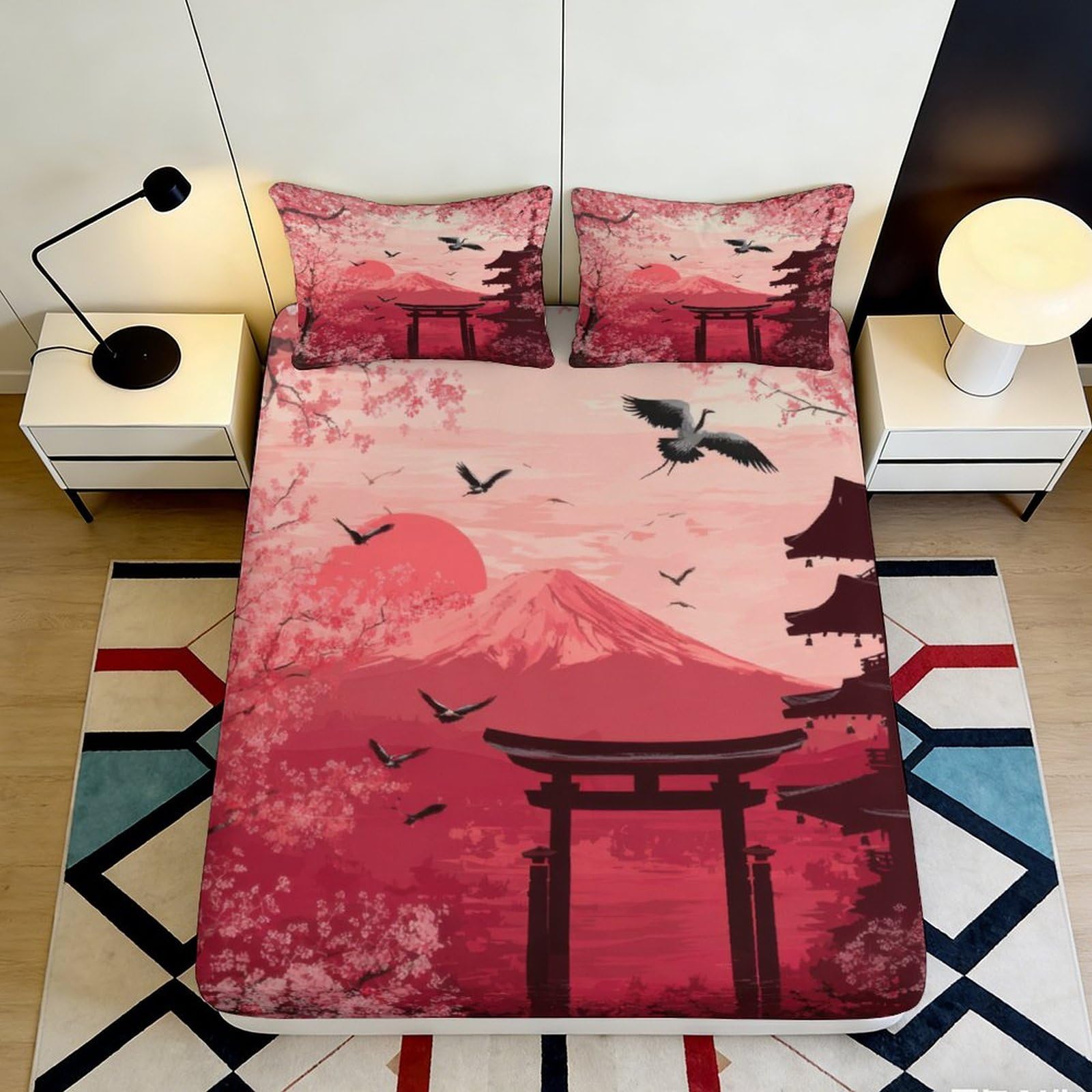 3D Printed Japanese Sakura Landscape Fitted Sheet Microfiber Soft Breathable Mount Fuji Bed Cover for Bedroom Decor 90x200x25cm