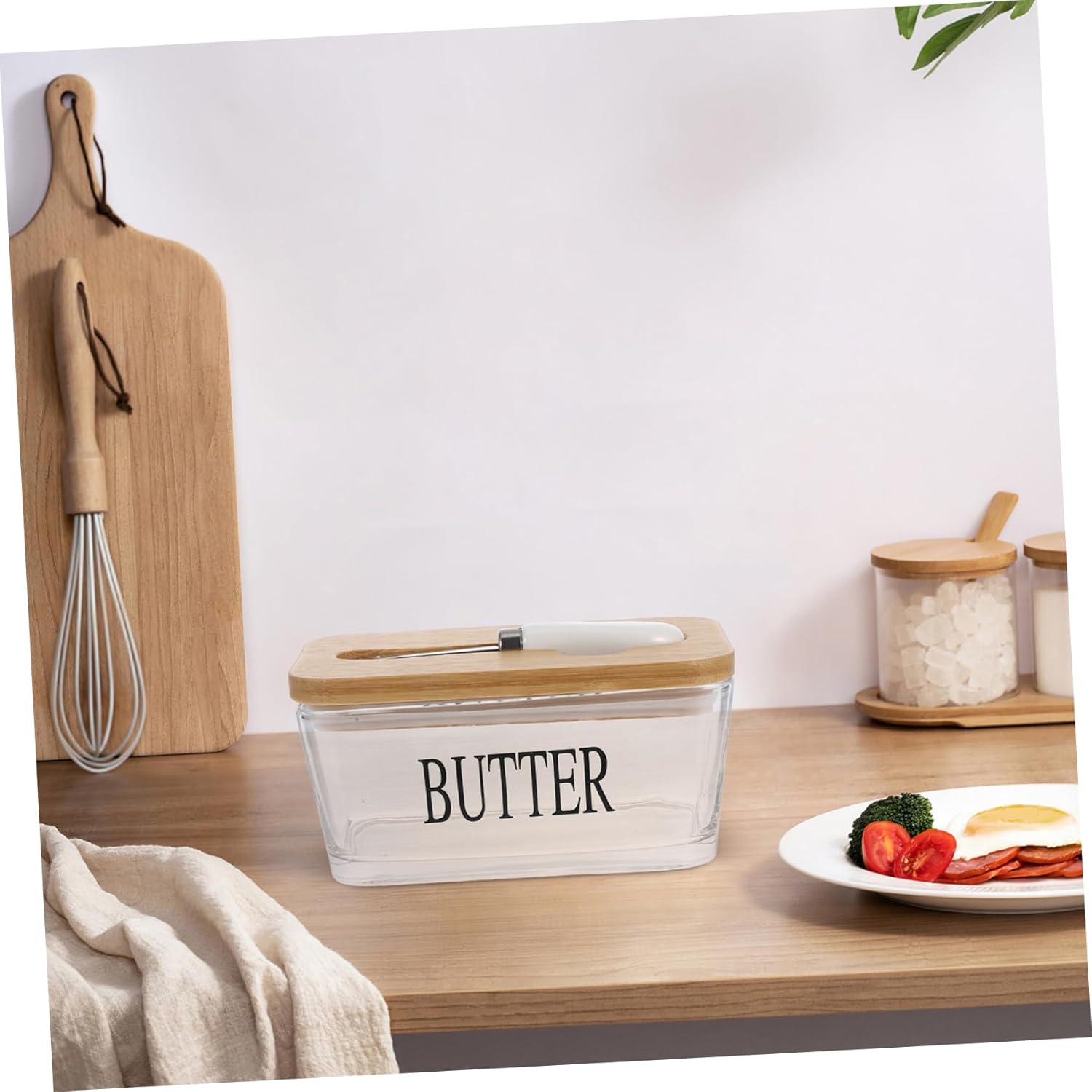 Zerodeko Bamboo Covered Butter Keeper Counter Dish Airtight Lid Glass Butter Dish Knife Storage Box for Refrigerator Lids