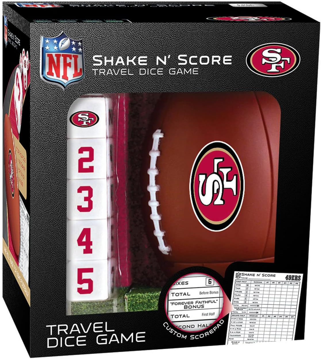MasterPieces NFL San Francisco 49ers Shake N' Score Travel Dice Game, For 2 Players, Ages 6+, Black, One Size, Model: 41670