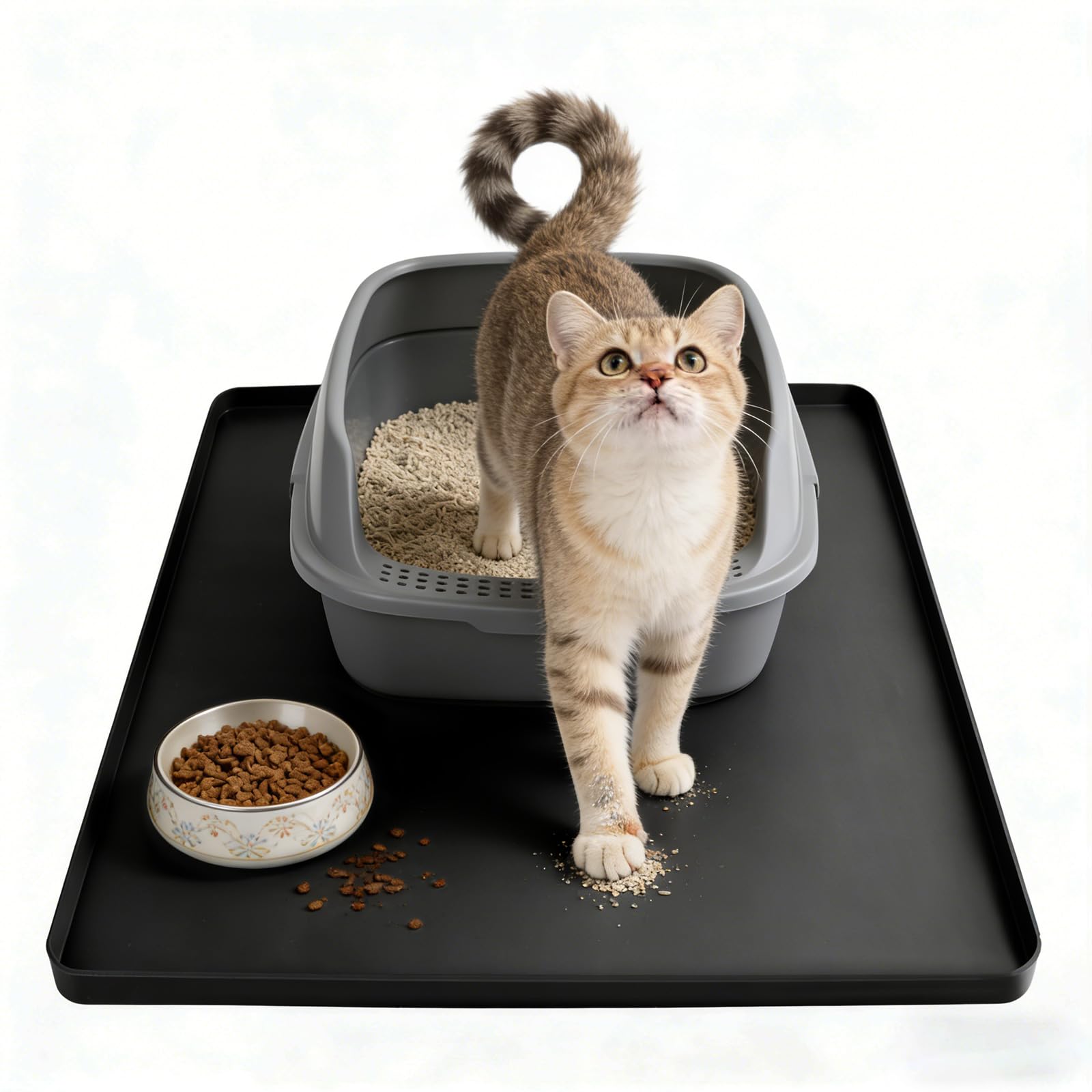Silicone Cat Litter Mat 61x50cm Waterproof Litter Tray Mat Leak-Proof Thick Under Kitty Litter Box Feeding Mats with Raised Edges for Floor Carpet, Black