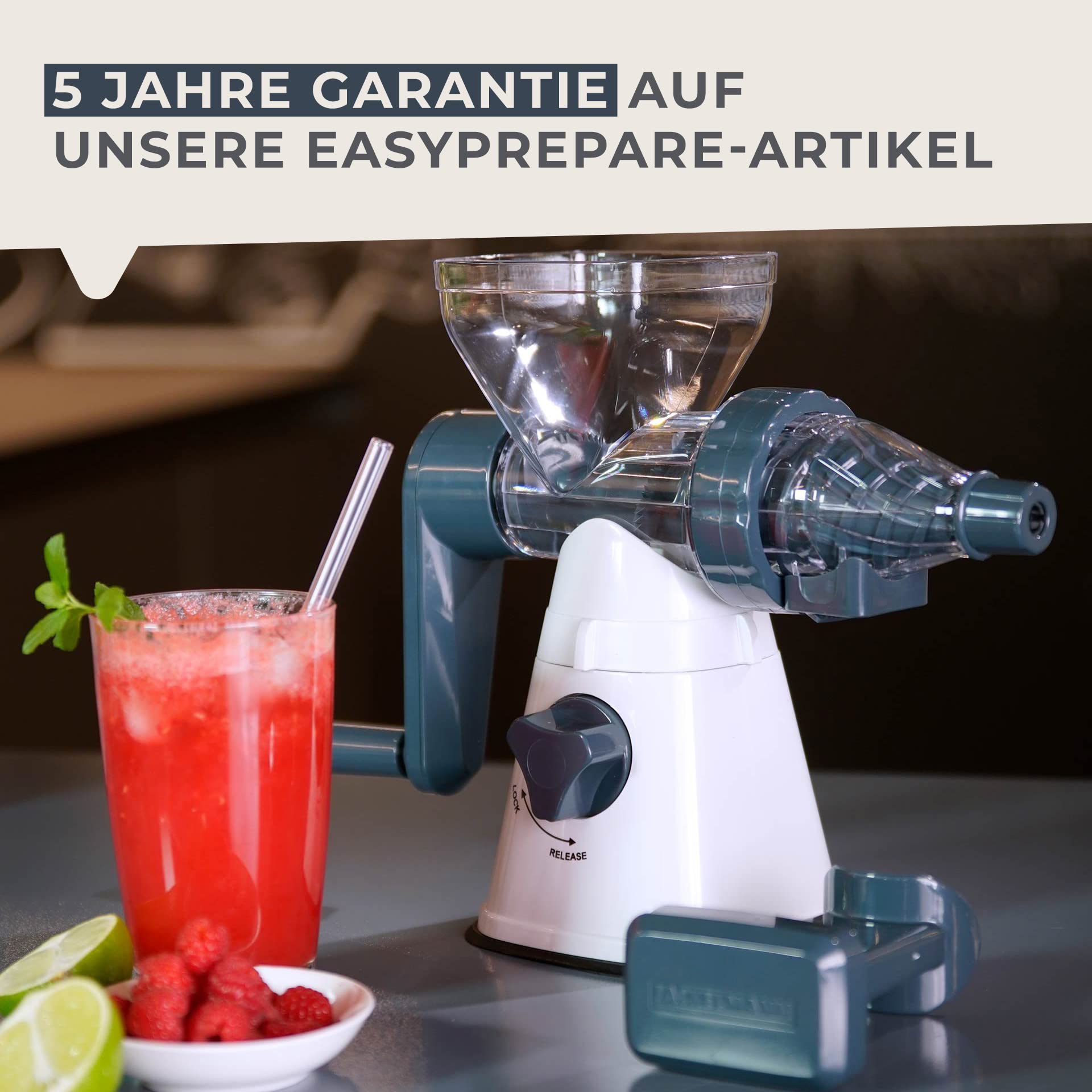 Fackelmann #easyprepare Saftpresse für Obst und Gemüse – Fruchtsaftpresse zum einfachen Entsaften – Manueller Entsafter inklusive Behälter mit Sieb (400 ml)