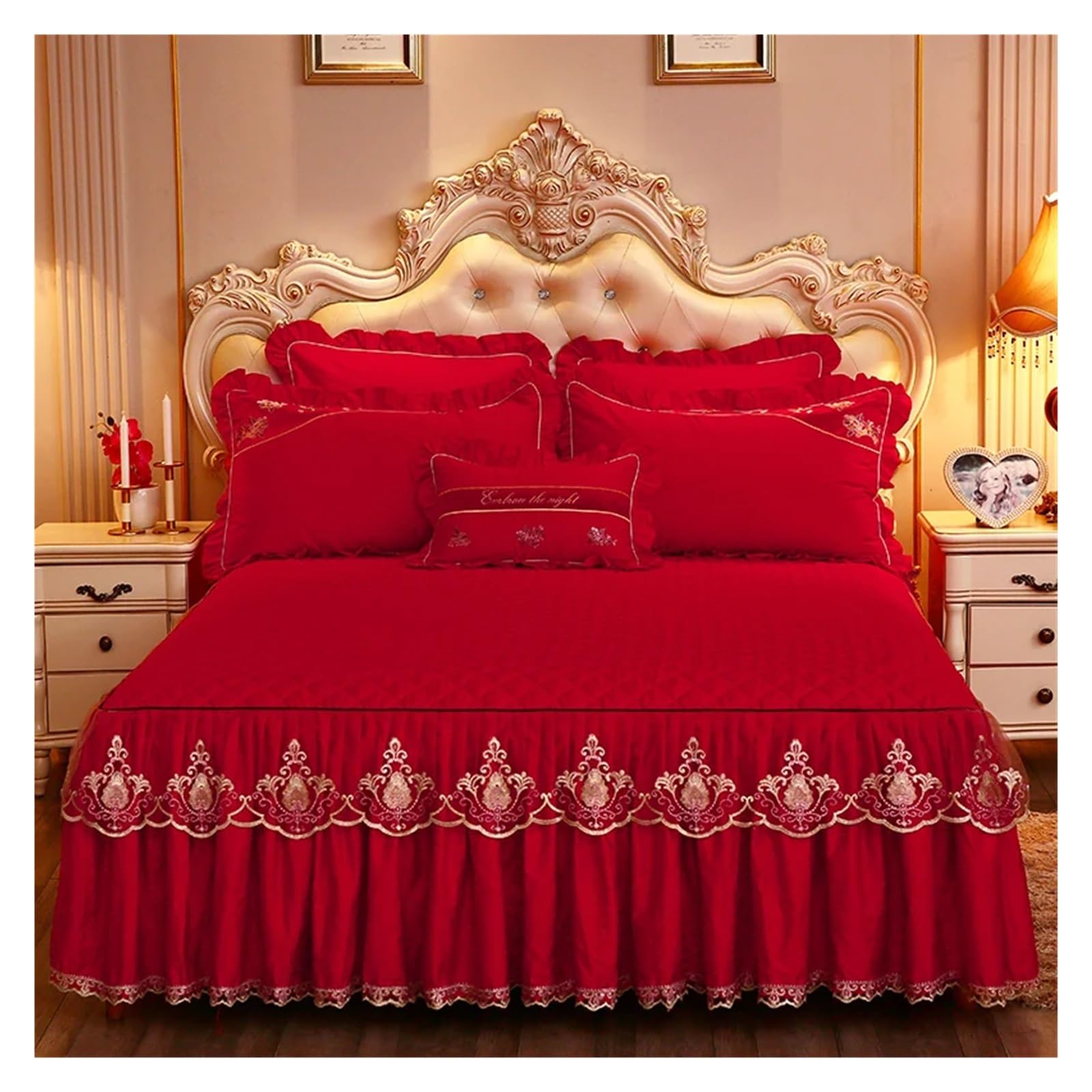 Lace Embroidered Bedding Bed Skirt With Cotton Quilted Bedspread On The Bed Solid Color Mattress Cover Sheet Pillowcase(Red1,3pcs design 180x220)