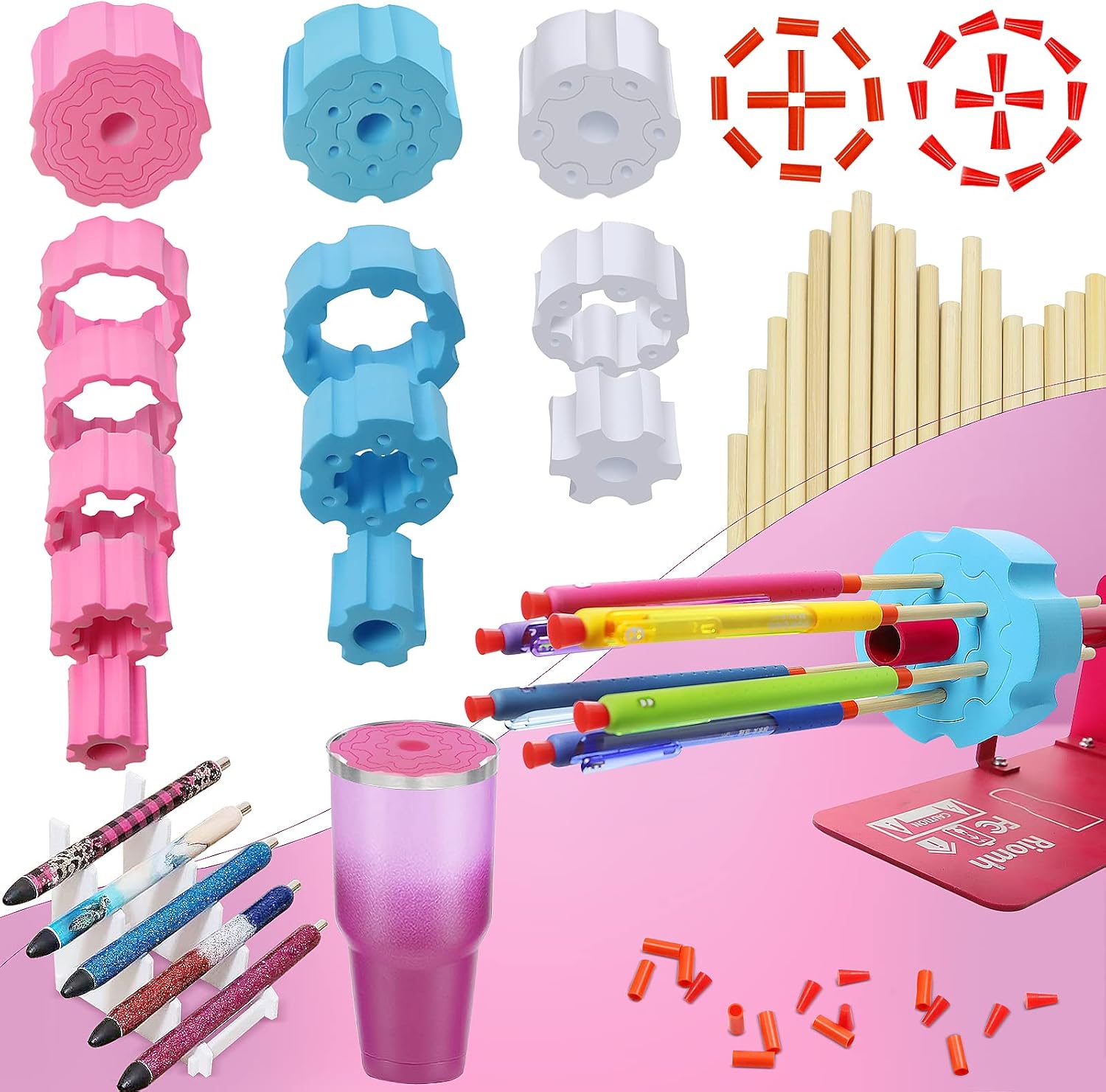 Cup Turner Foam and 2 Pcs Glitter Pen Attachment, 5 in 1 Tumbler Spinner Foams, Epoxy Pen Adapter with 12 Dowels, 12 Sleeves and 12 Plugs Fits on Cup Tumbler Turner (6 Holes)