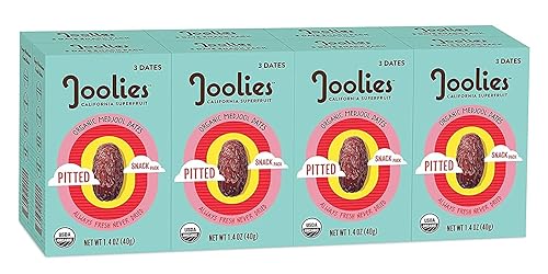 Joolies Paquete de bocadillos orgánicos Medjool Dates  3 dátiles sin hoyos, paquete de 8  Fruta fresca cultivada en California  Vegana, sin gluten,