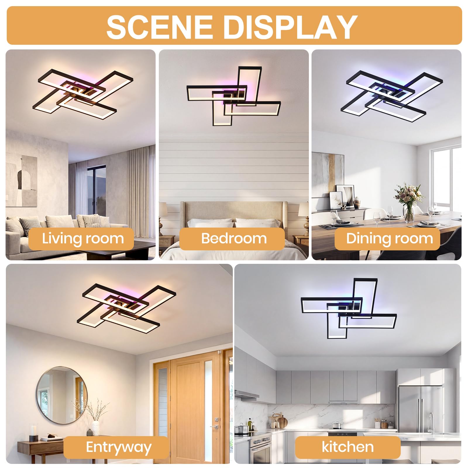 Plafoniera LED Soffitto 50W, Dimmerabile, 4 Rettangoli, Nero,3000LM | Lampadario Moderno 3000-6000K con Telecomando e APP, Luce RGB Sincronizzata per Soggiorno, Camera da Letto, Ufficio, Cucina
