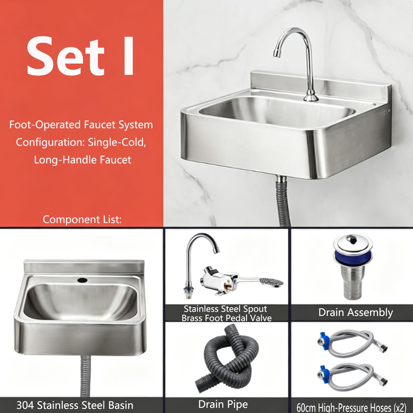 Fregadero de pared de acero 304 sin entrada con juegos de grifo, lavabo comercial de metal cepillado para lavandería, baño, kit Clete Draina incluido