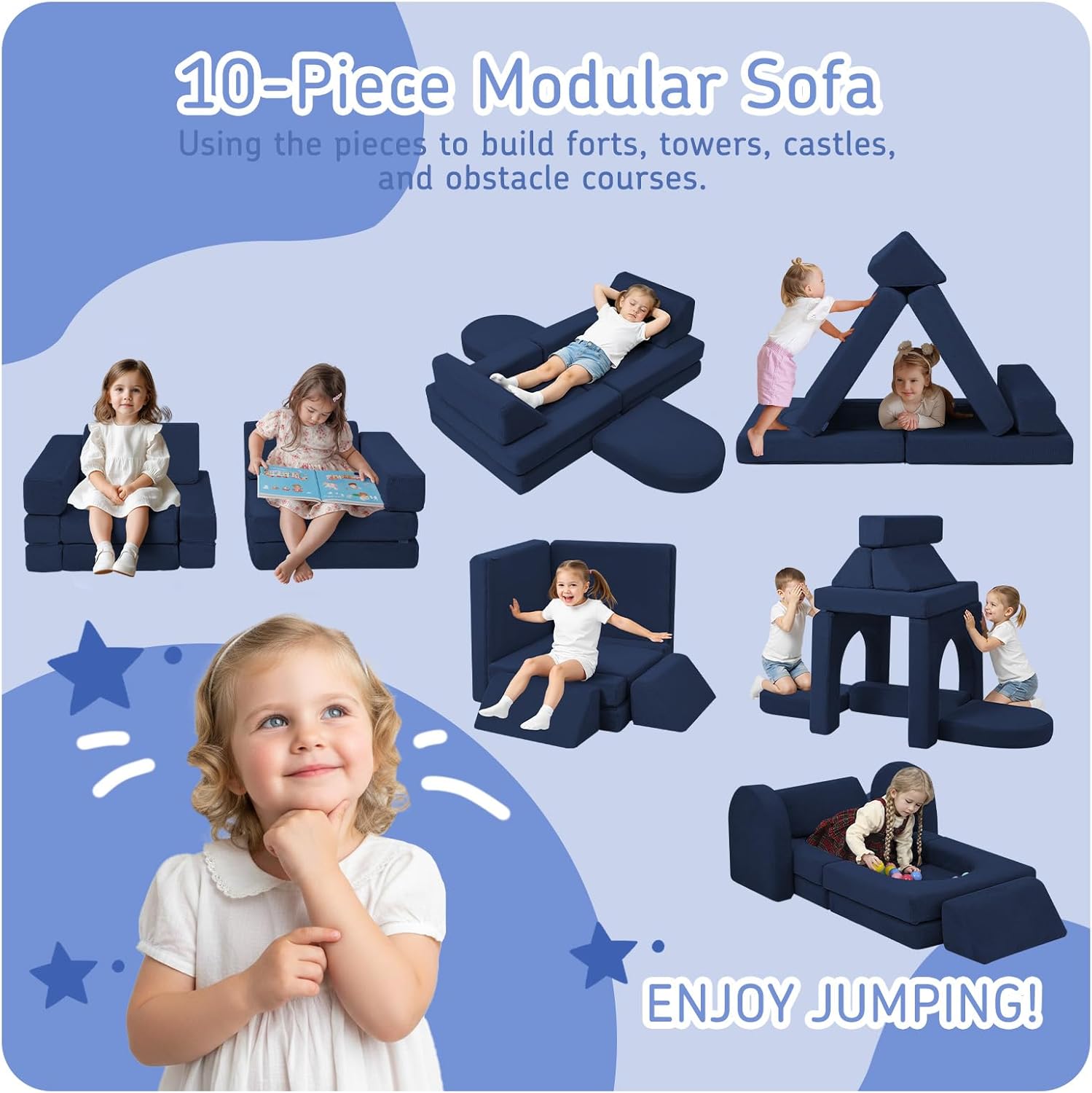 MeMoreCool Bold Navy 10-Piece Modular Kids Play Couch, Convertible Kids Couch Foam Sofa for Fort Building, Fold-Out Kids Couch with Washable Covers for Playroom and Boys Bedroom, Midnight Navy