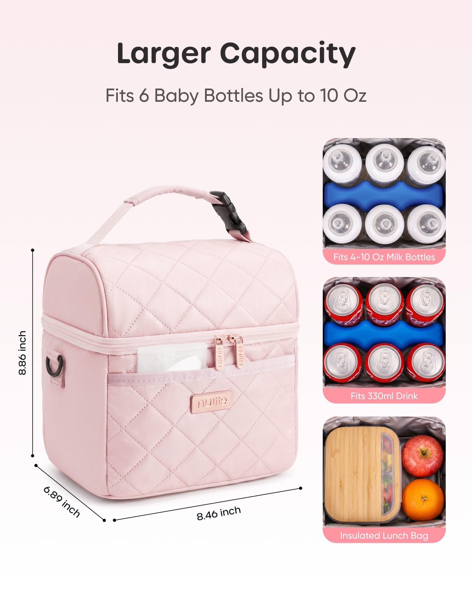 Nuliie Muttermilch Kühltasche mit Eisbeutel passend für 6 Babyflaschen Rose