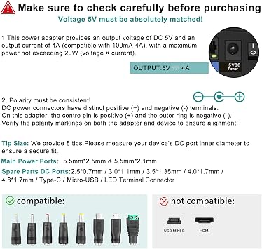 5V 4A Power Supply Adapter AC 100-240V to DC 5 Volt 4 Amp Charer