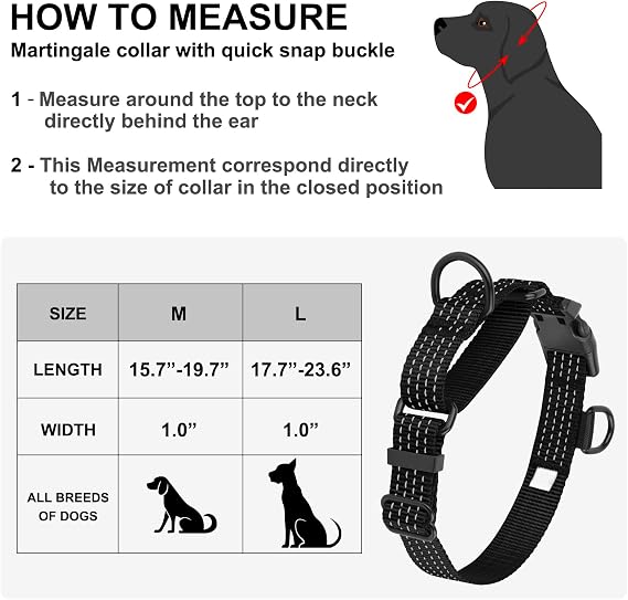 Martingale Dog Collars, Adjustable Reflective Nylon Dog Collar for Training Dogs, No Pull Dog Choker Collar for Medium Large Dogs (M, Black)