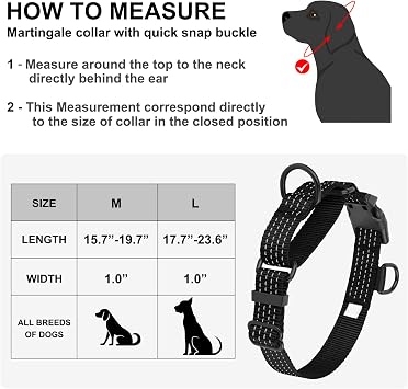 Martingale Dog Collars, Adjustable Reflective Nylon Dog Collar for Training Dogs, No Pull Dog Choker Collar for Medium Large Dogs (M, Black)