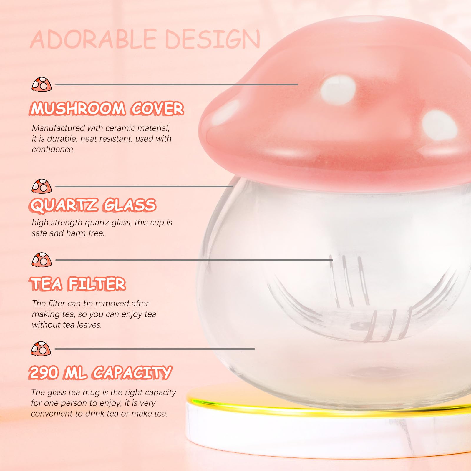 COLLBATH Teetassen Satz Niedliches Design 300ml Fassungsvermögen Pilzförmiges aus Keramik und Glas mit Tee Infuser Hitzebeständig für Zuhause und Büro