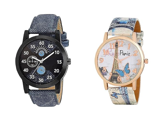 Briota Couple Analog Watch White & Blue Leather Band Party Wear Watches for Unisex Combo of 2