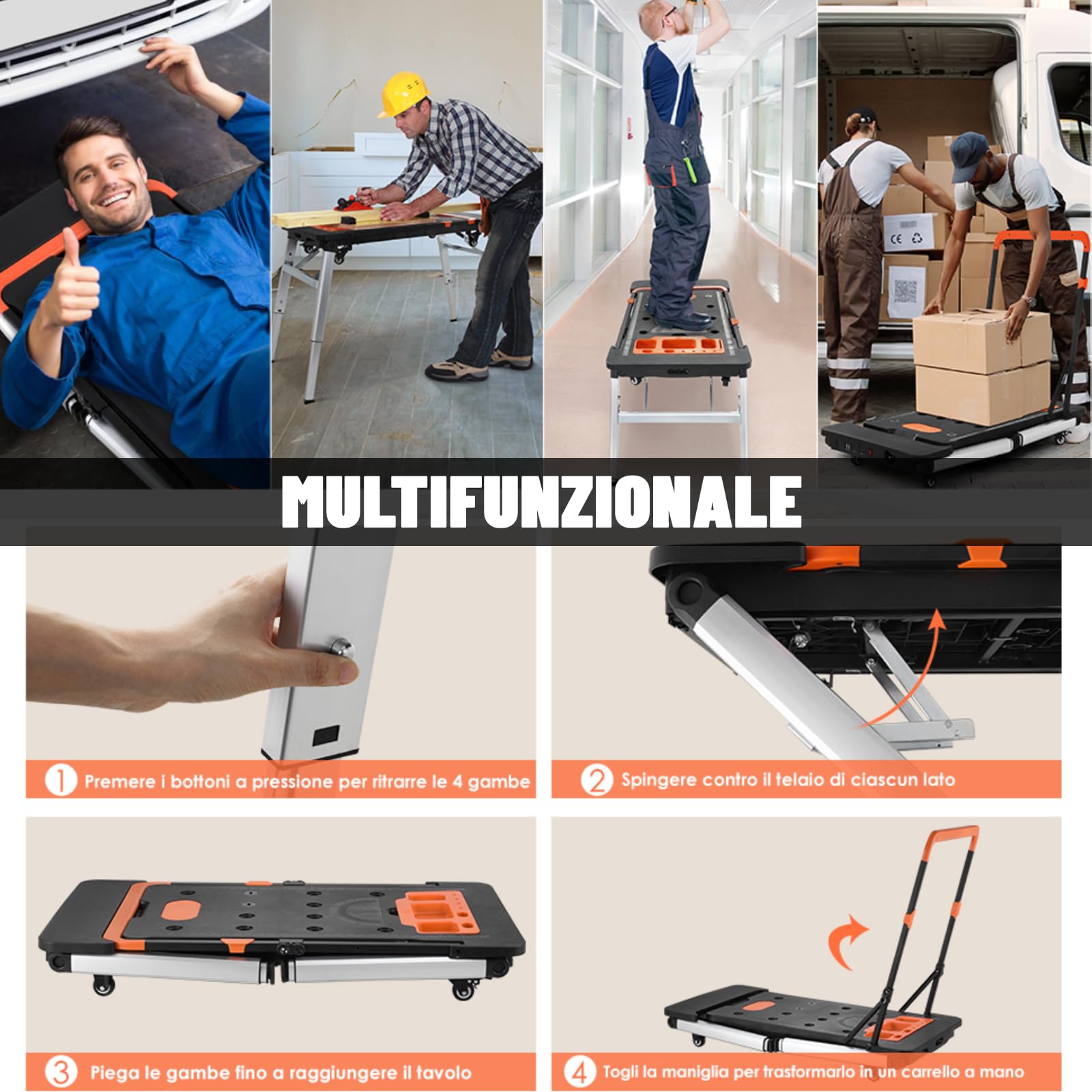 LIFERUN 7 in 1 Banco da Lavoro Pieghevole,Tavolo da Lavoro Pieghevole Regolabile in Altezza con Spina Integrata,Carrello a Mano da Trasporto con 4 pcs Ruote,Piattaforma di Lavoro per Lavoro fai da te