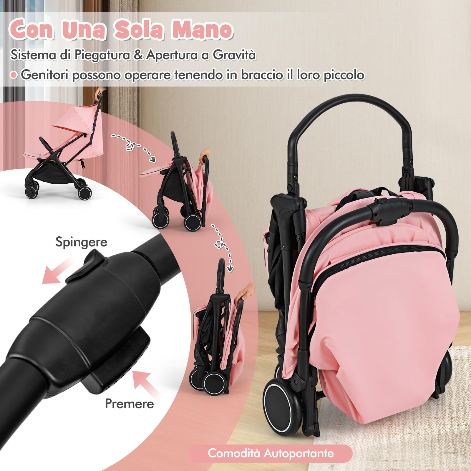 COSTWAY Passeggino Leggero Pieghevole per Bambini, Passeggiono Compatto con Schienale e Cappotta Regolabile, Cinture di Sicurezza a 5 Punti, Ruote con Freno, Fino a 15 kg (Rosa)