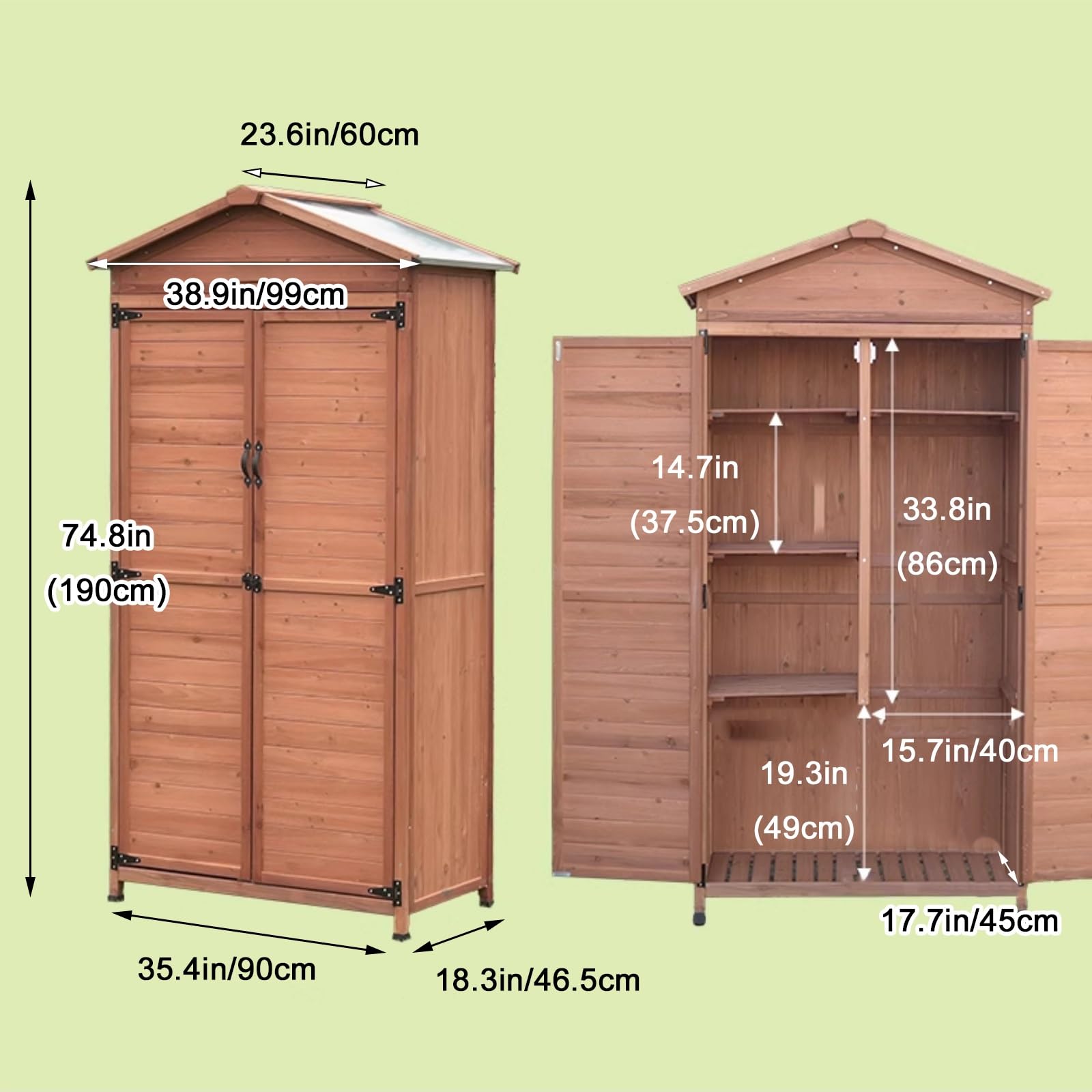 Zamykana szafka na narzędzia ogrodowe z półkami i drzwiami, organizer na zewnątrz do patio i garażu, zielona, 99 x 60 x 190 cm, trwałe i bezpieczne rozwiązanie ogrodnicze.