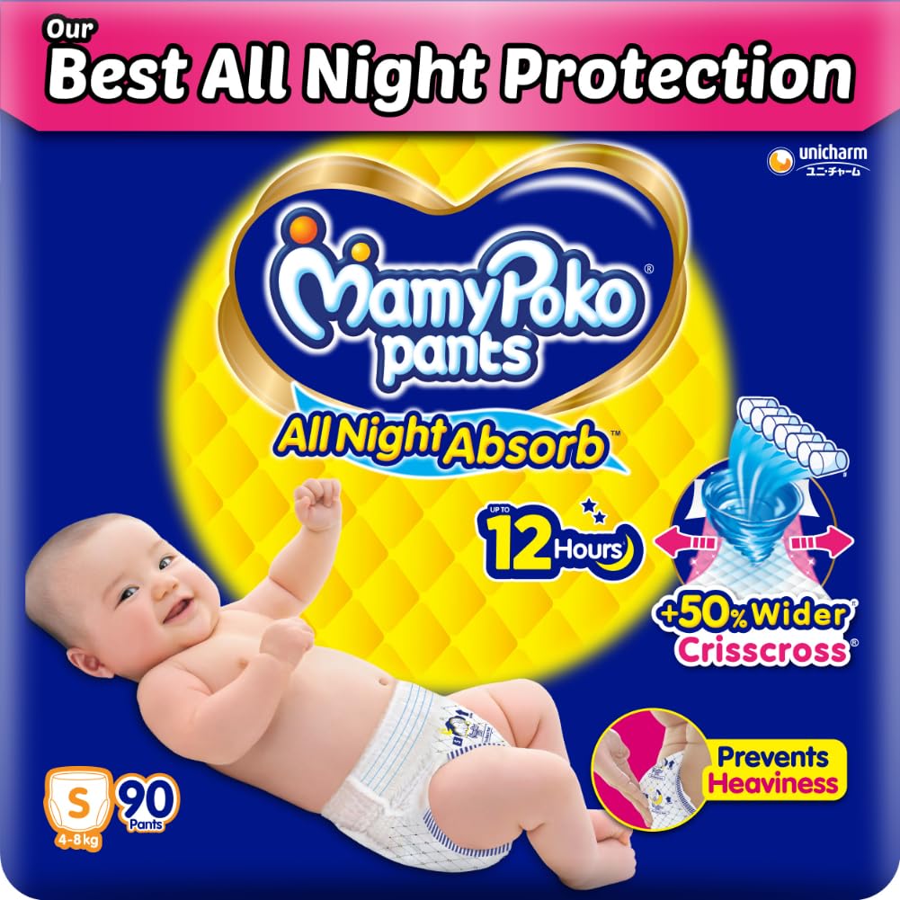 Mamypoko Pants All Night Absorb| Pant Style Baby Diapers Small Size(S), 90 Count, Ideal for 4-8Kgs|+50% Wider and Repeated Absorption for All Night 12hr Protection from Leakage, Prevents Heaviness.