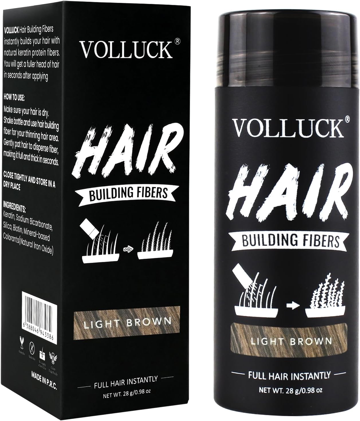 VOLLUCK Hair Fibers for Thinning Hair, Instant Coverage Hair Building Fibers for Women and men, Natural Hair Powder for Conceal Hair Loss 28 g (Light Brown)