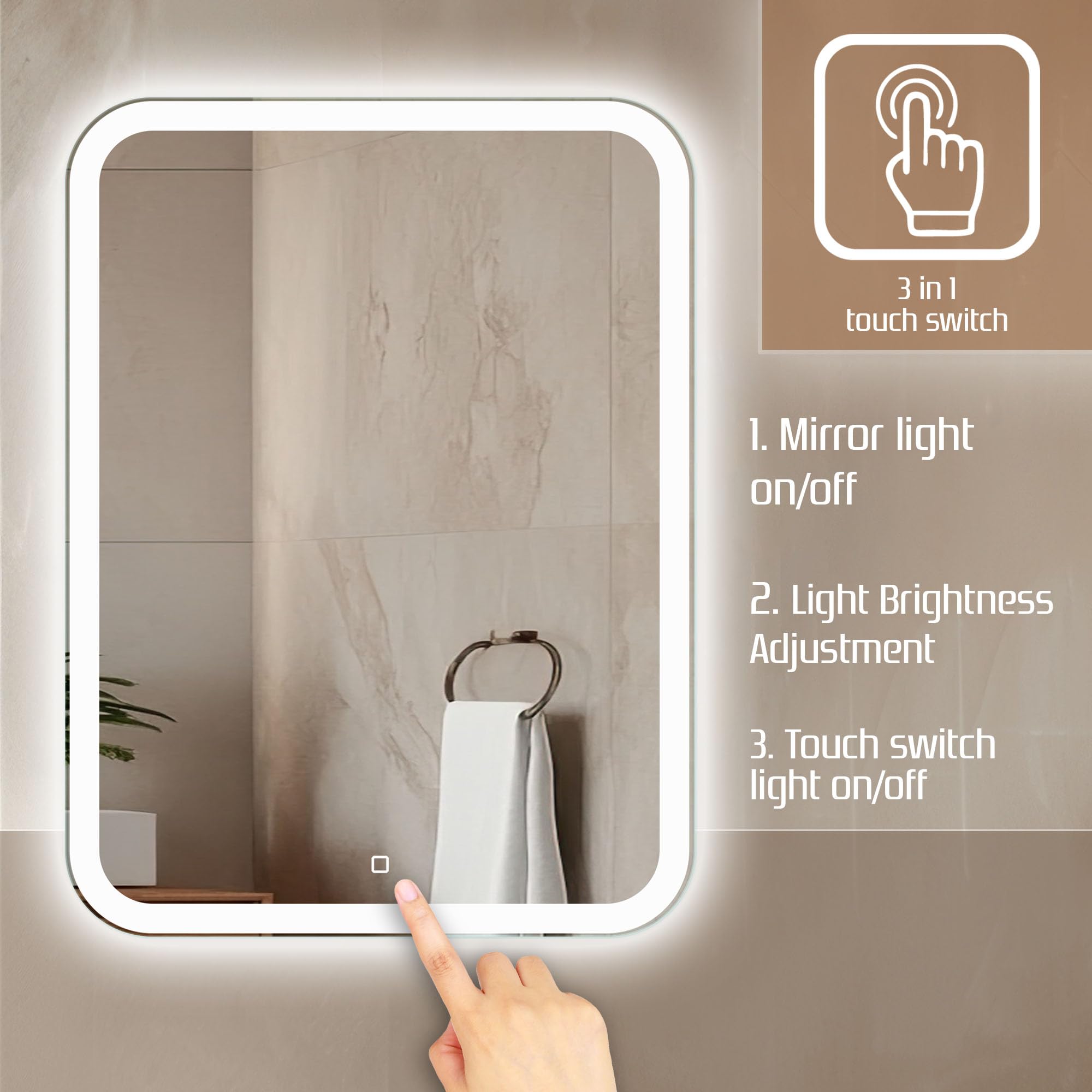 Venti Prostokątne Lustro Łazienkowe LED 60x80cm, Lustro ścienne z oświetleniem LED, Naturalne Białe Światło, Zaokrąglone rogi, Podświetlane z przodu