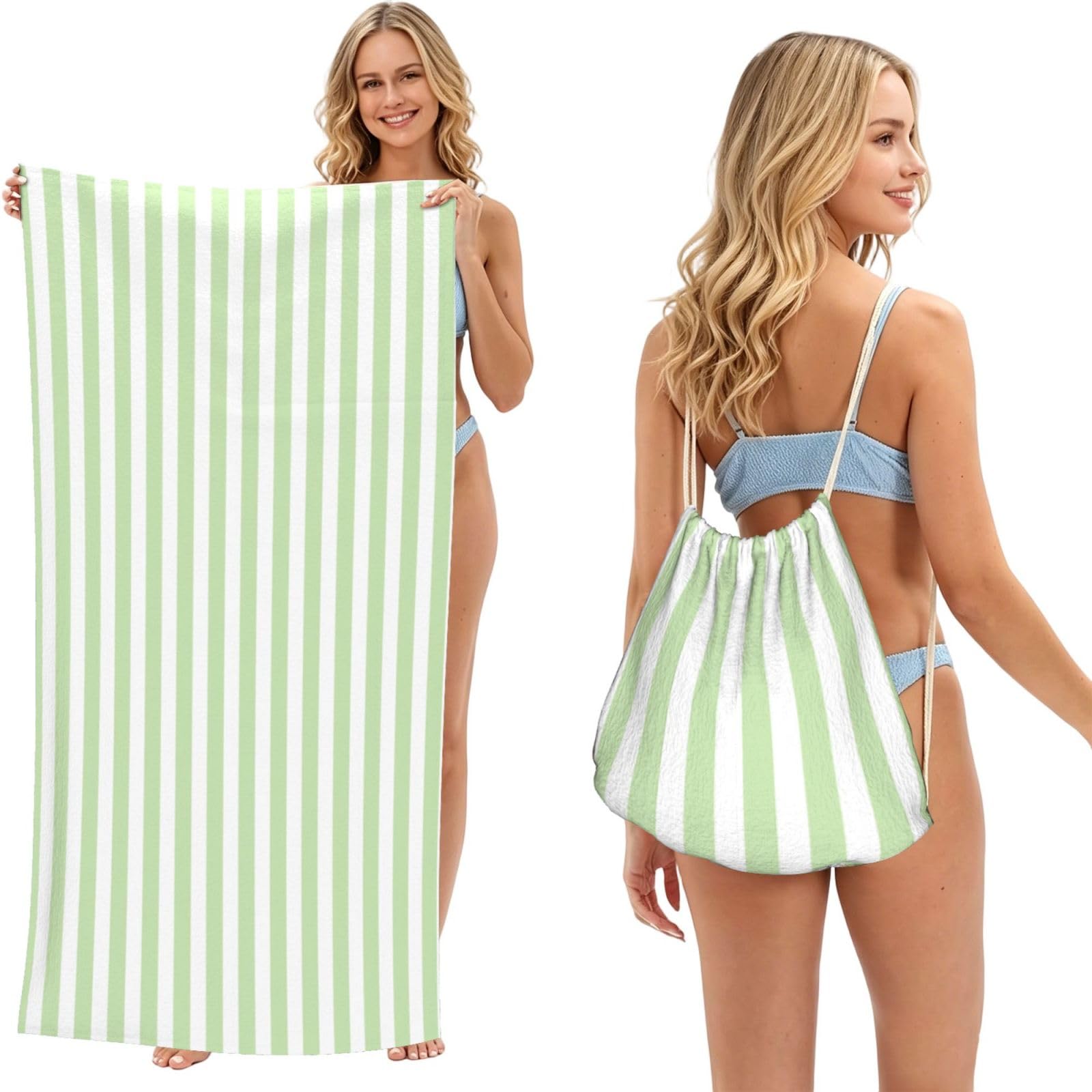 Poadnly Pale Green And White Candy Stripes, 2 in 1 Packable Towel Bag, Beach Towels with Drawstring Backpack for Travel Holiday Camping