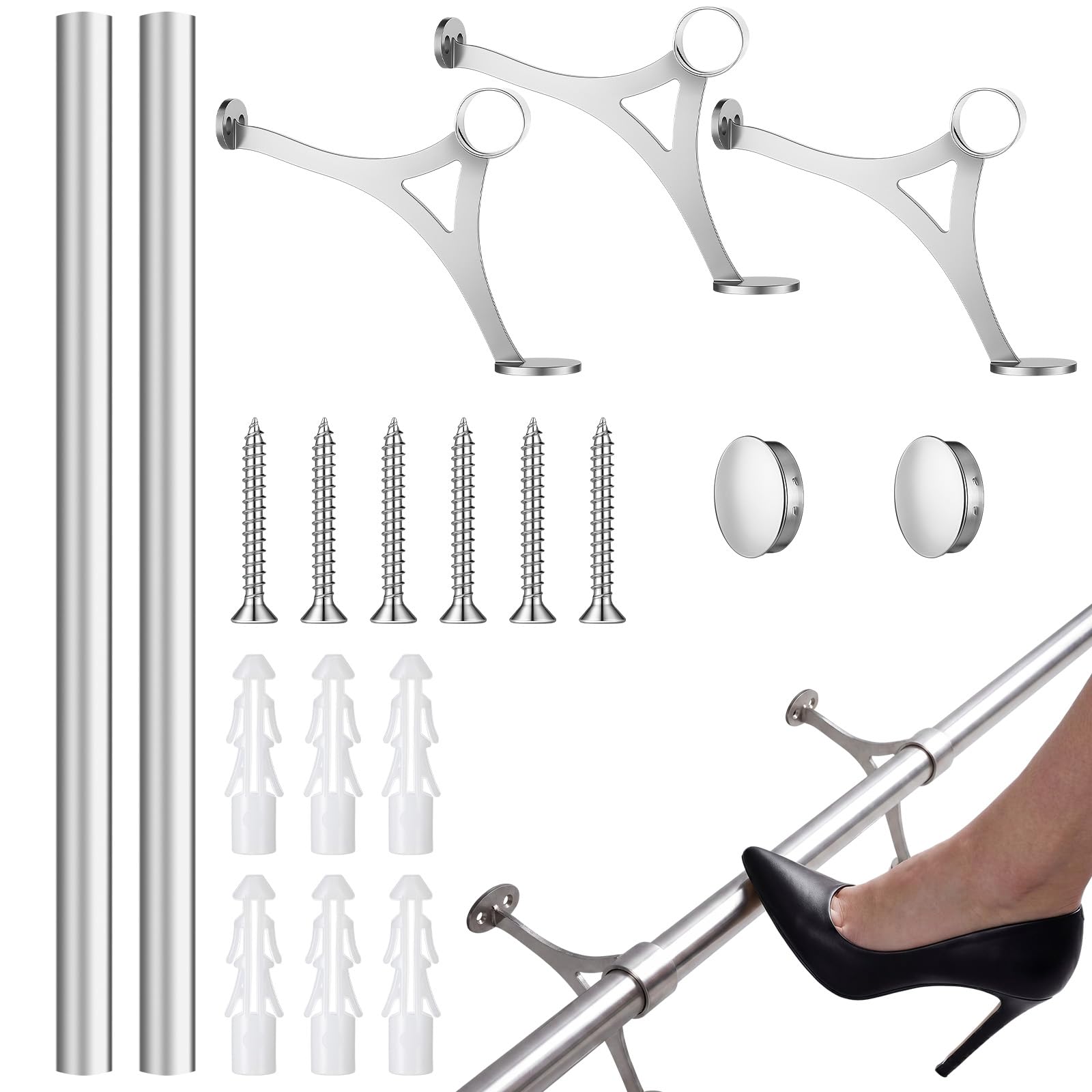 Zonon 6 ft Bar Foot Rail Kit Silver Undercounter Mount Hardware and Tubing Complete Kit Foot Railing for Bar Dome End Cap Stainless Steel Silver Finish for Kitchen Island Indoor Outdoor