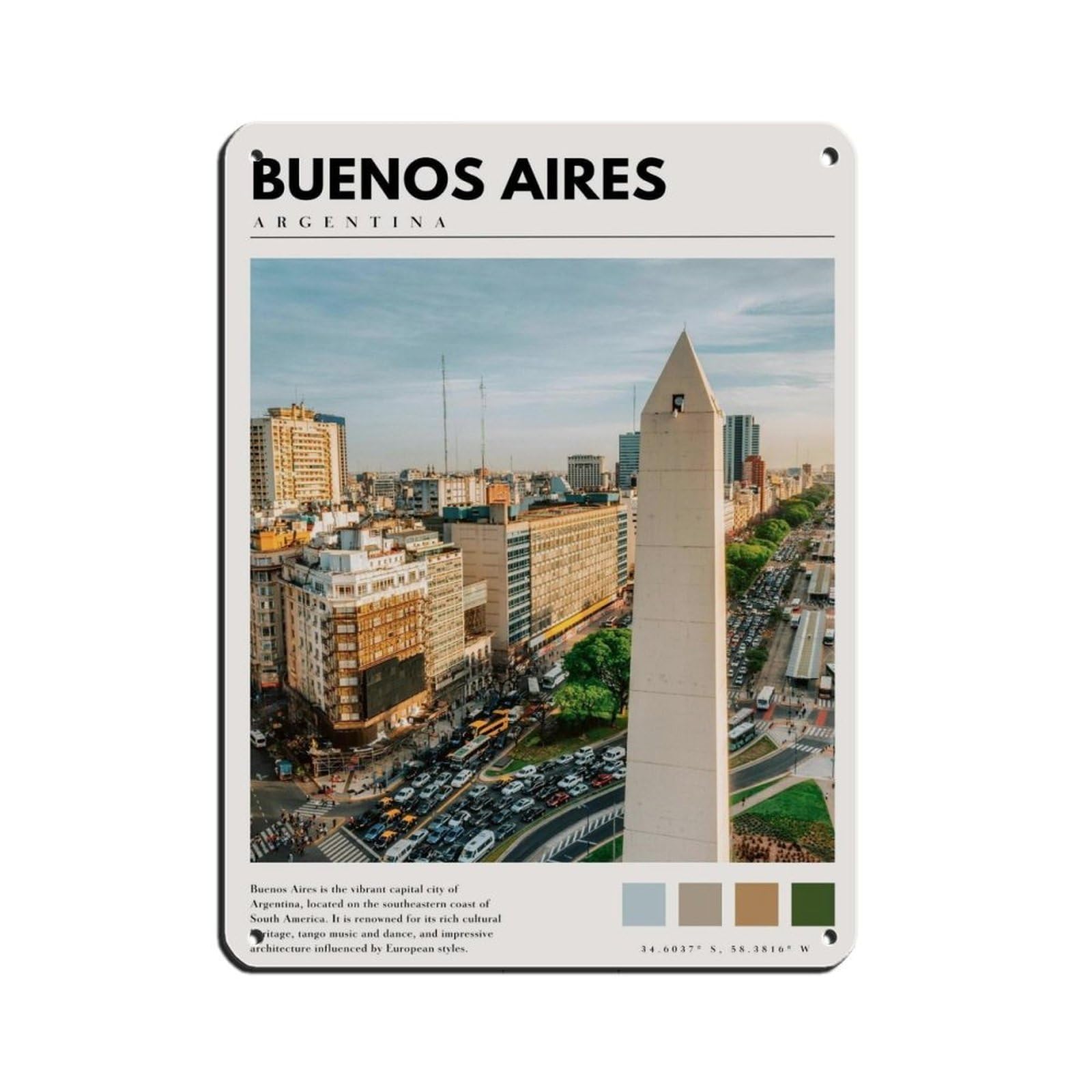 Buenos Aires Argentina Poster Retro Poster Metal Tin Sign Chic Art Retro Iron Painting Bar People Cave Cafe Family Garage Poster Wall Decoration 12x16inch(30x40cm)