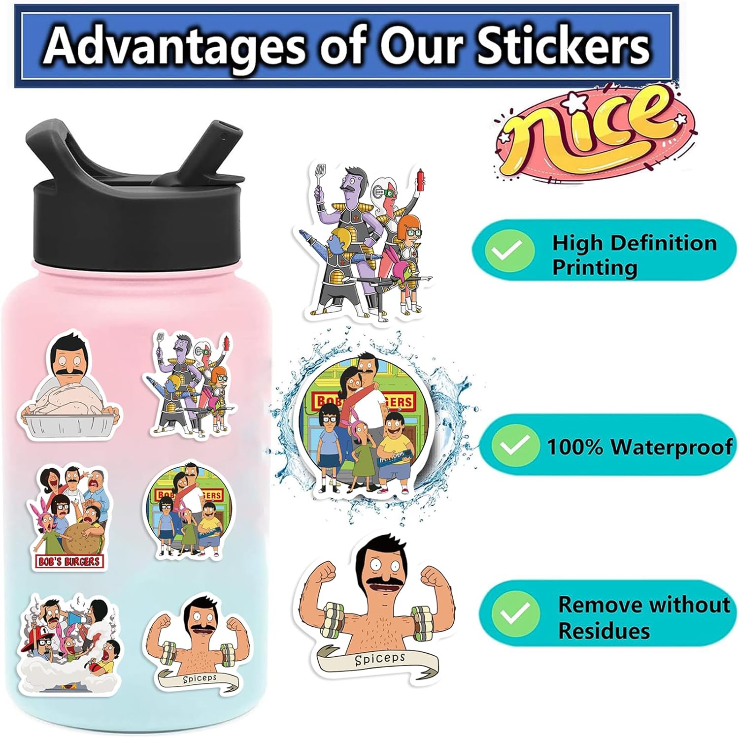 TWGOGOTIC Bob's Burger Stickers 50pcs Funny Cartoon Waterproof Sticker for Water Bottles Burger Cartoon TV Stickers for Kids, Toddlers, Teens, Girls, Adults, (Bob) - Image 6