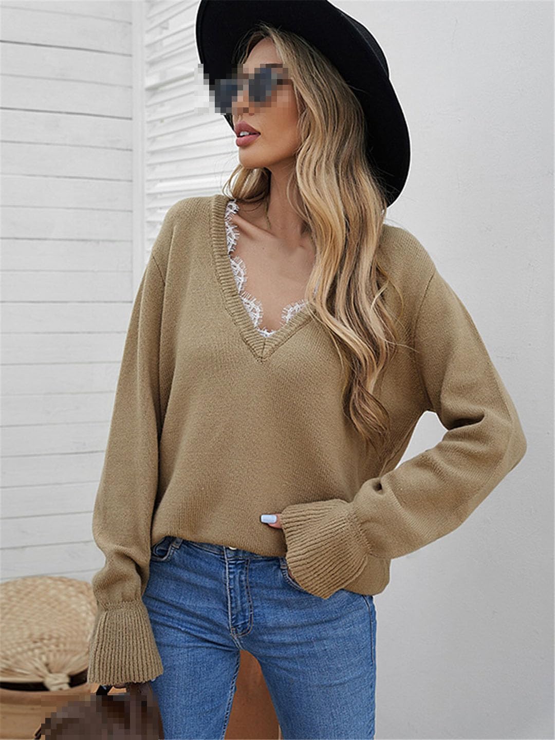 Maglione da donna autunno/inverno, tinta unita, scollo a V, casual, a maniche lunghe, maglia