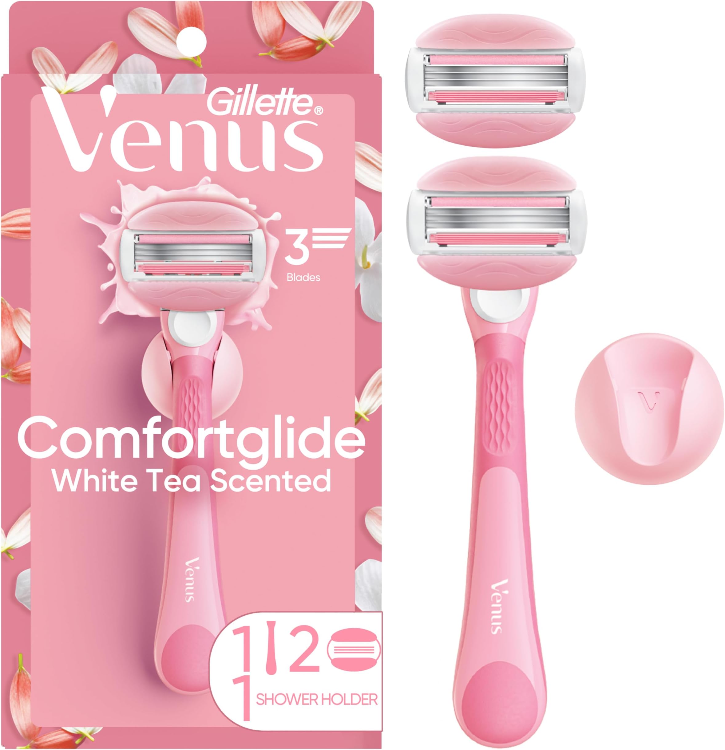 Gillette Venus ComfortGlide Razor for Women, White Tea Scented Gel Bars, Includes 1 Reusable Razor Handle + 2 3-Bladed Razor Refills, Women's Razor with Built-in Shave Gel Bars