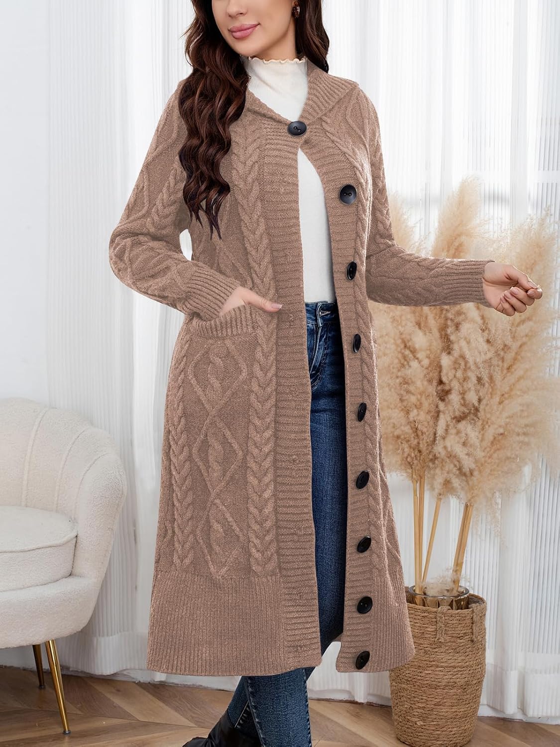 ebossy Women's Long Sleeve Hooded Cardigan Chunky Cable Knit Plus Size Over Knee Duster Coat with Pockets - Image 5