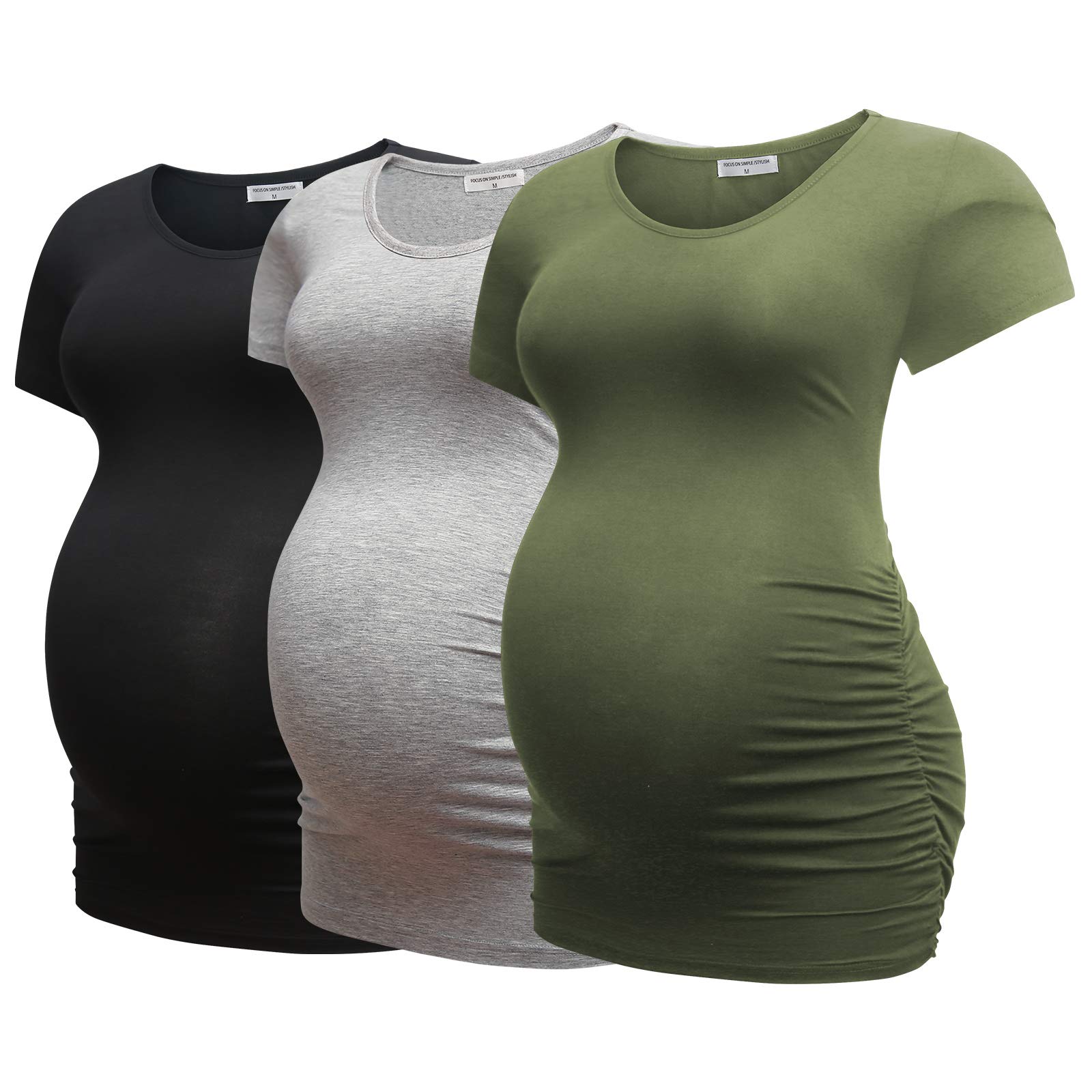 BearslandWomens Maternity Tshirt 3 Packs Classic Side Ruched Tee Top Mama Pregnancy Clothes
