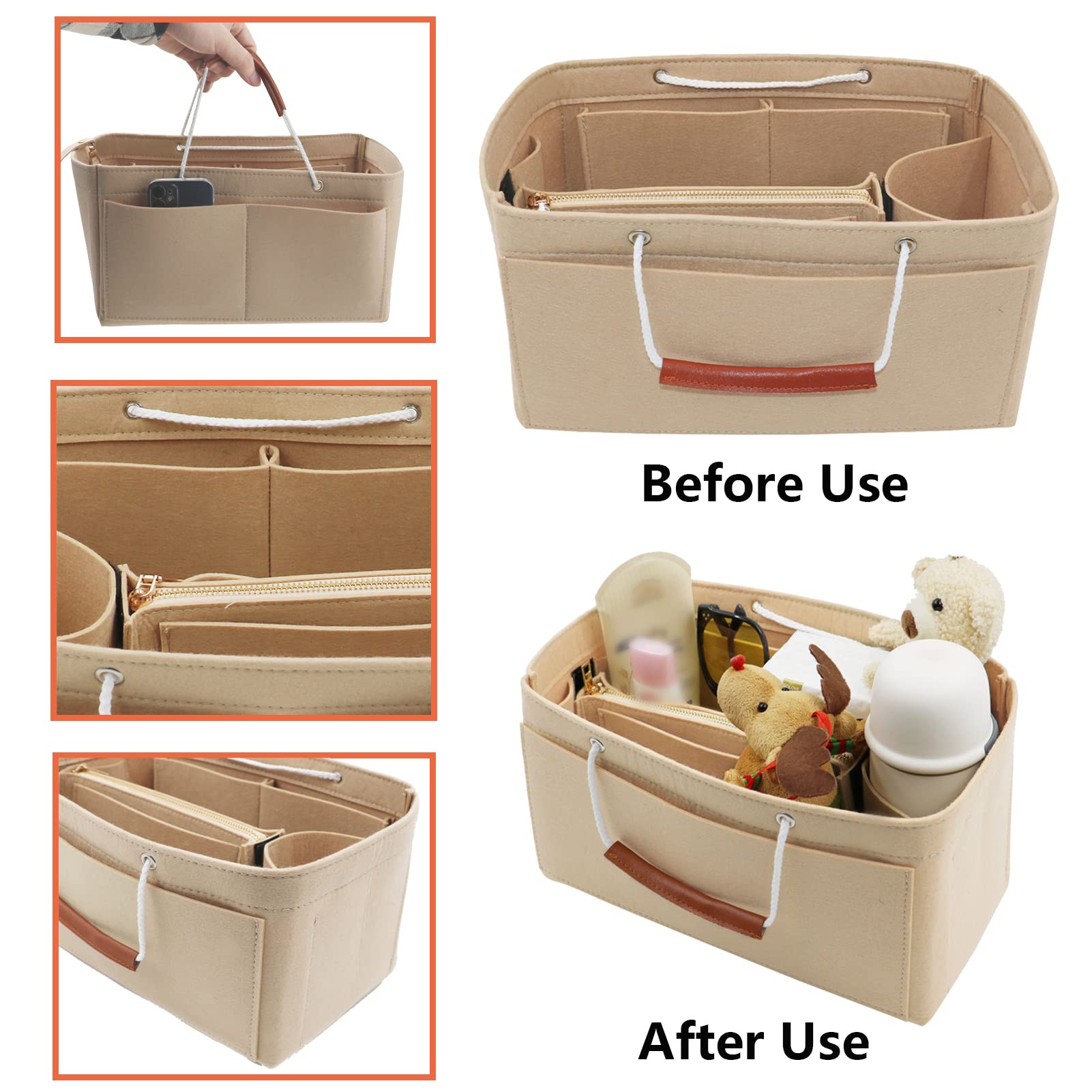 Taschenorganizer Handtasche, Filz Taschen Organisator mit Abnehmbare Reißverschluss-Tasche und Griff für Damen Weiß