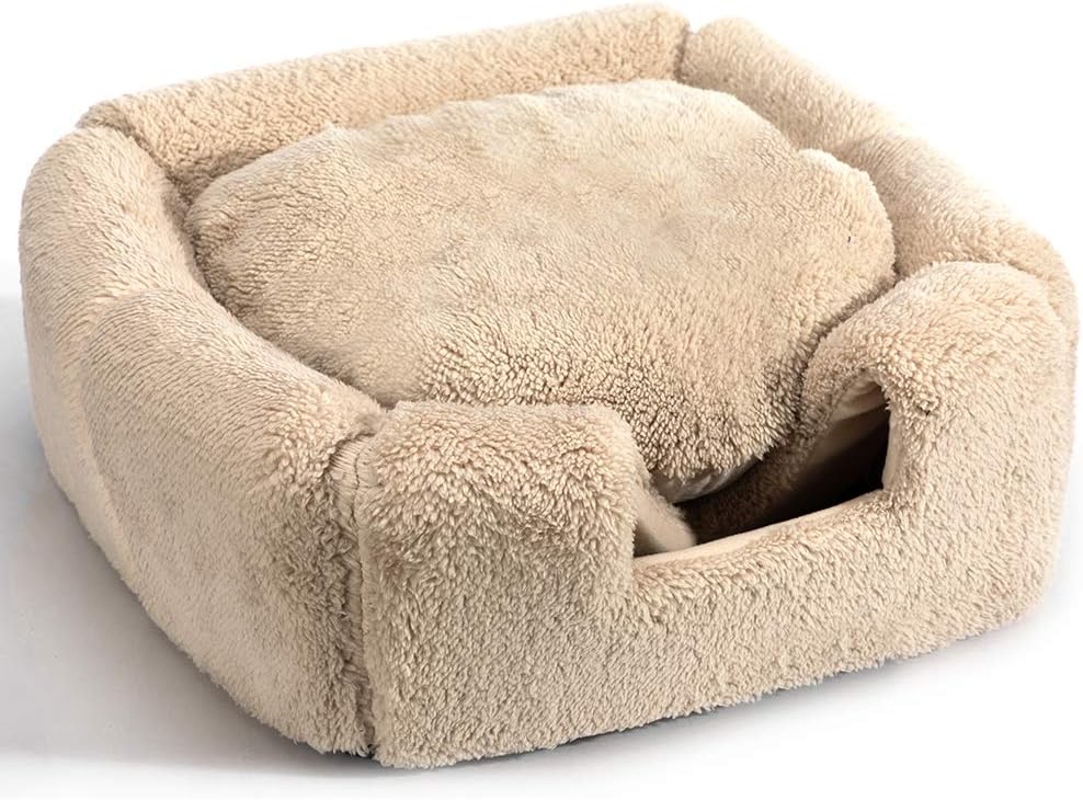 Hollypet Self-Warming 2 in 1 Foldable Cat Bed, 13 x 13 x 14 inches Comfortable Triangle Kittens Cave Tent House, Light Brown