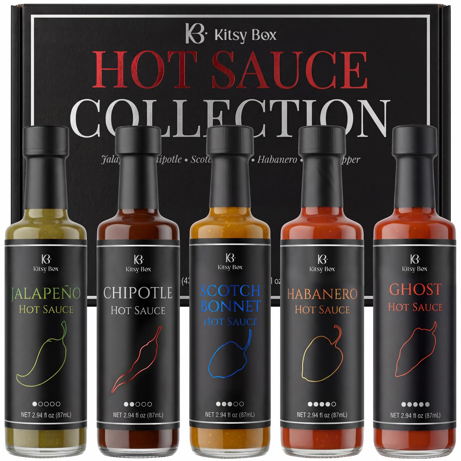 Kitsy Box Hot Sauce Gift Set - 5 Pack Variety Sampler | Jalapeno, Chipotle, Scotch Bonnet, Habanero & Ghost Pepper Sauces | Spicy Food Gifts for Hot Sauce Lovers - 5 x 2.9oz Glass Bottles