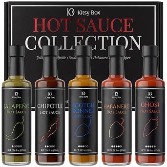Kitsy Box Hot Sauce Gift Set - 5 Pack Variety Sampler | Jalapeno, Chipotle, Scotch Bonnet, Habanero & Ghost Pepper Sauces | Spicy Food for Hot Sauce Lovers - 5 x 2.9oz, Fathers Day Gift Set