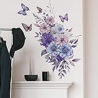 Vista 1 de Calcomanías de pared de flores de margaritas azules y moradas, calcomanías de pared de sacinora acuarela, crisantemo, mariposa, arte floral, vinilo