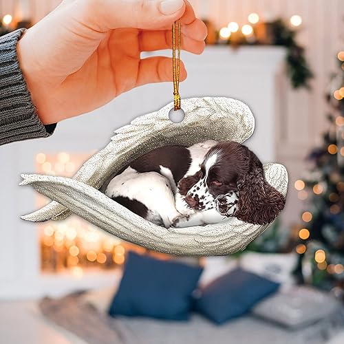 Miniatura 5 de Talataca Springer Spaniel inglés Sleeping Angel Wing Memorial Dog 2D Flat Car Espejo retrovisor Accesorios Árbol de Navidad Decoración Colgante