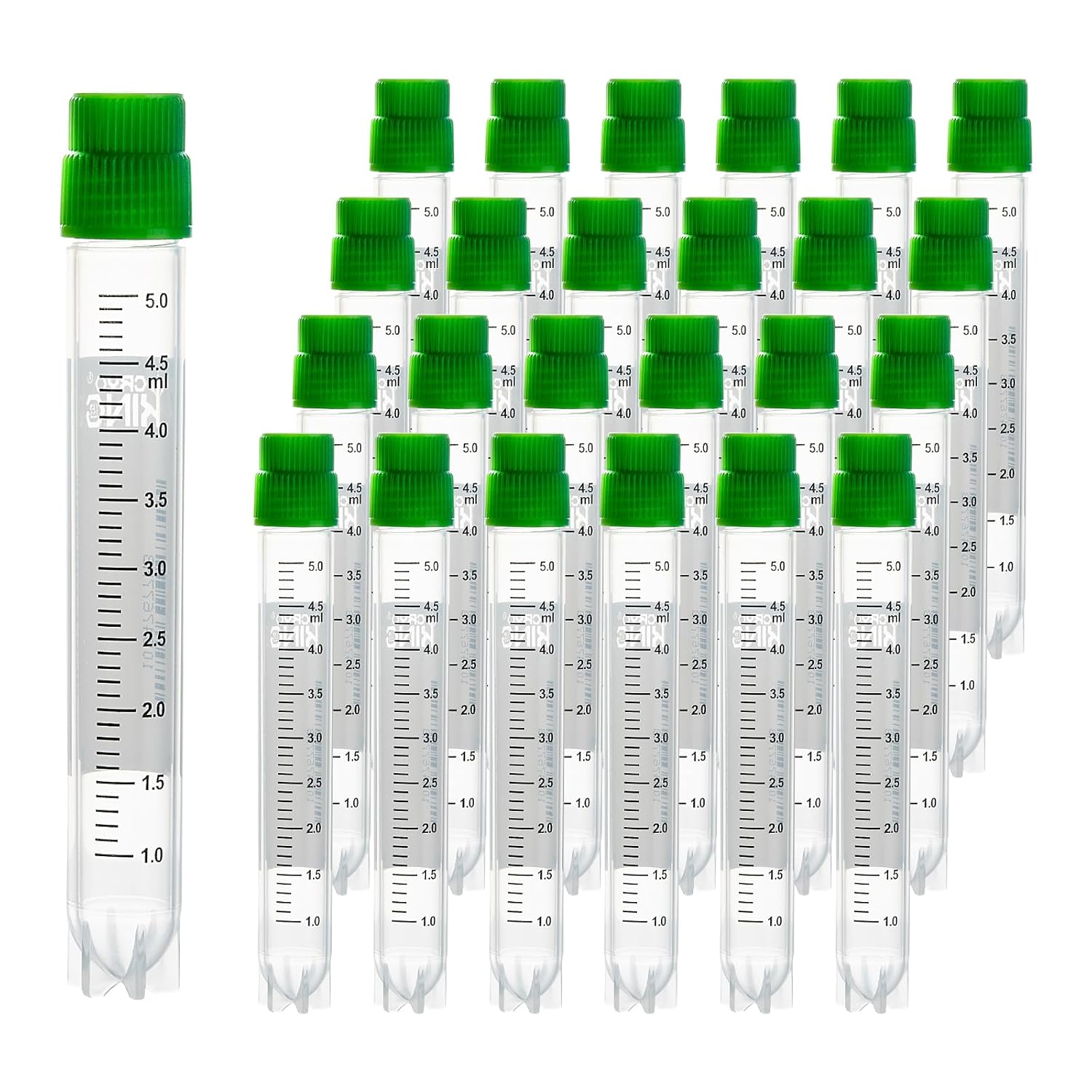 5.0ml Cryovials with Side Barcode, 25 Pcs Plasitic Cryotubes, Sterilisation Lab Freezer Tube, External Thread Lab Vials with Green Caps for Low-Temperature Sample Storage and Management