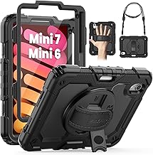 SEYMAC Custodia per ipad Mini 7°/6° 8,3 Pollici 2024/2021 A17 Pro, Custodia Antiurto per Mini 7 con Pellicola Protettiva, Supporto Girevole a 360° e Cinghia da Mano, Tracolla, Portapenne, Nero