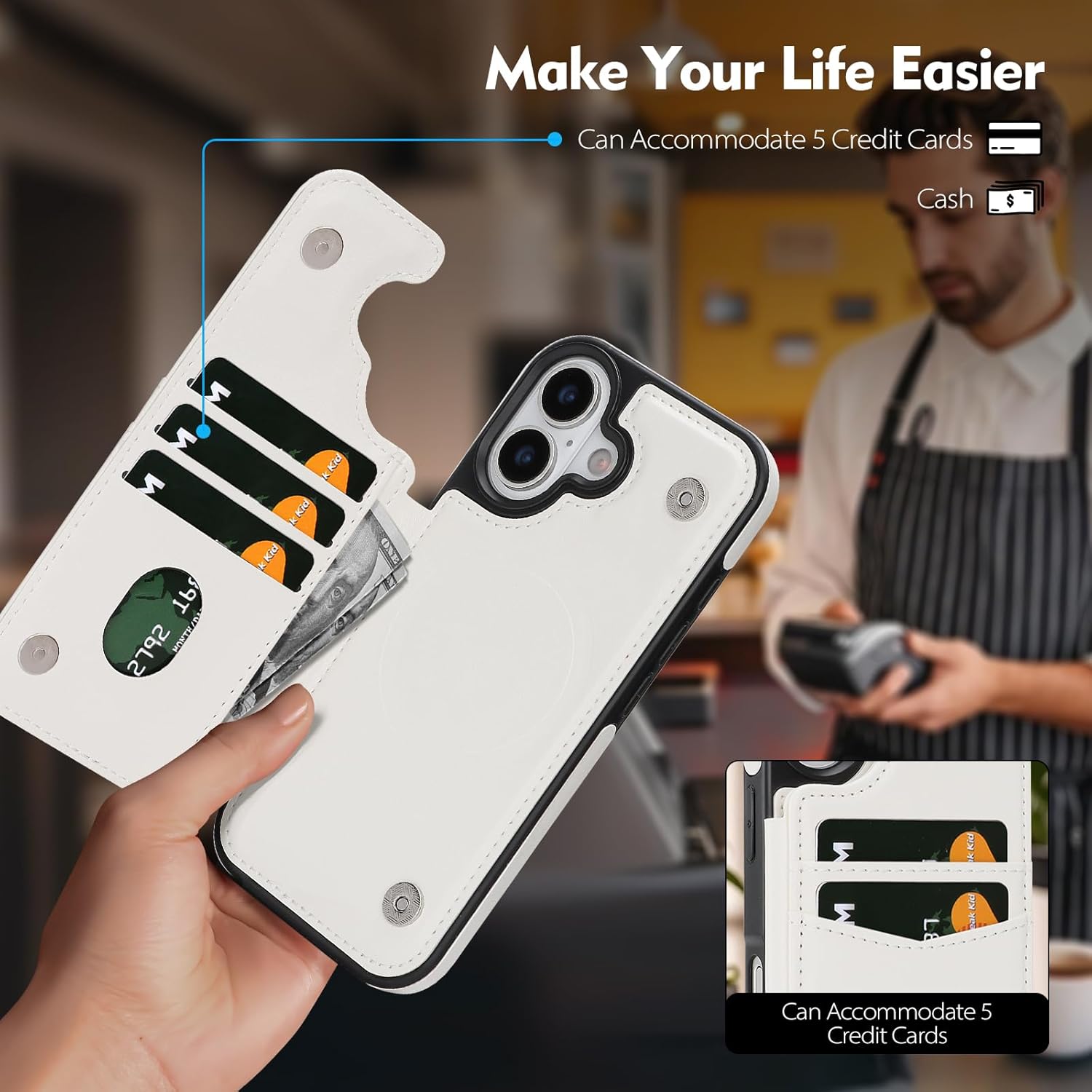 Compatible with Magsafe for iPhone 17 Wallet Case with Card Holder,Women Men Phone Case PU Leather Kickstand Flip Folio Protective Cover Credit Card Slots,for Apple 17 6.3",White - Image 4