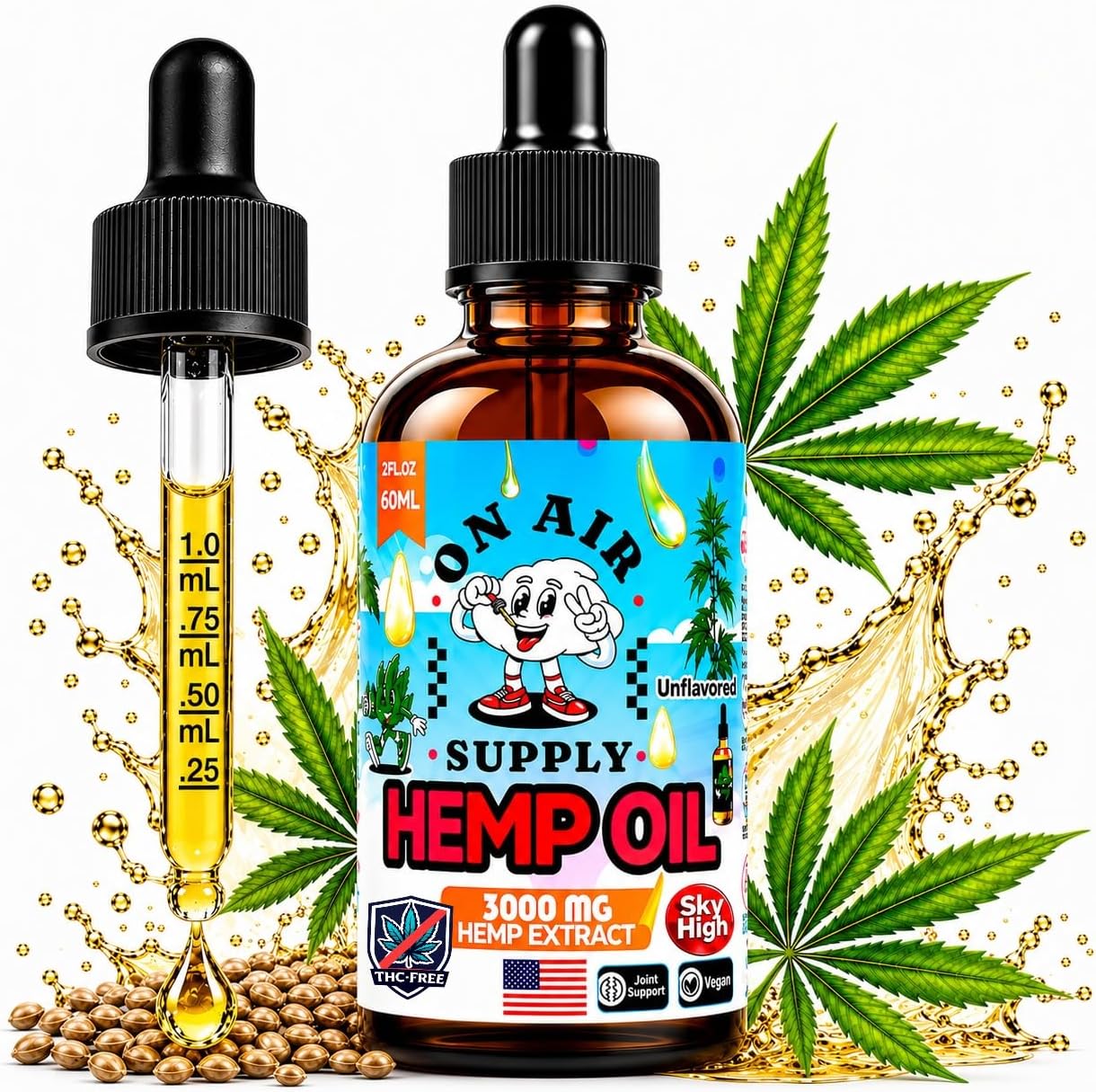 Hemp Oil 3,000mg – 2 fl oz (60ml) - Unflavored, Omega 3 6 9 for Skin, Hair & Made in USA