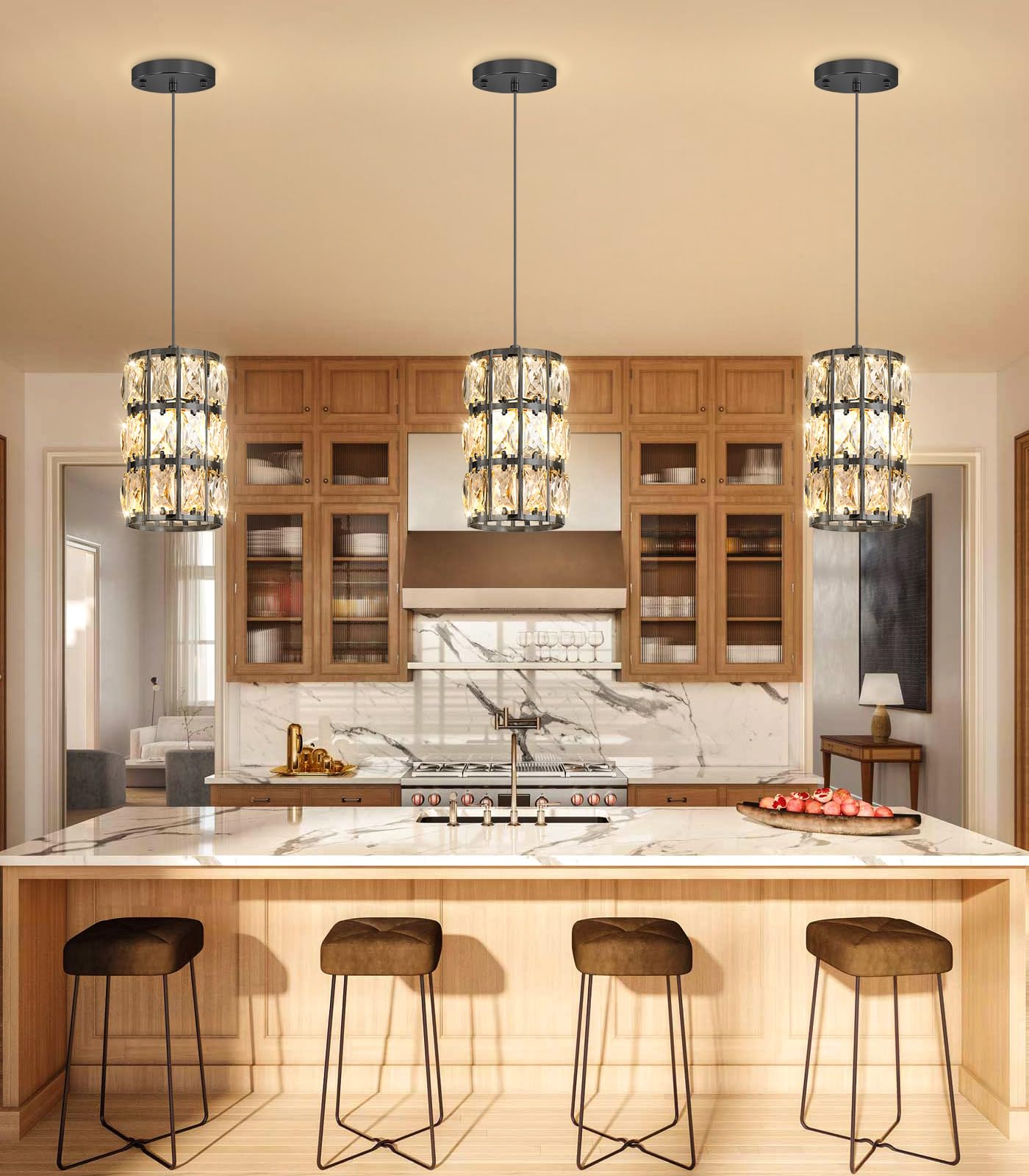 Photo 1 of 1-Lights Modern Crystal Pendant Lights for Kitchen Island LED Dimmable Glam Pendant Lighting Chandelier for Dining Room Hallway Corner Lamp Black