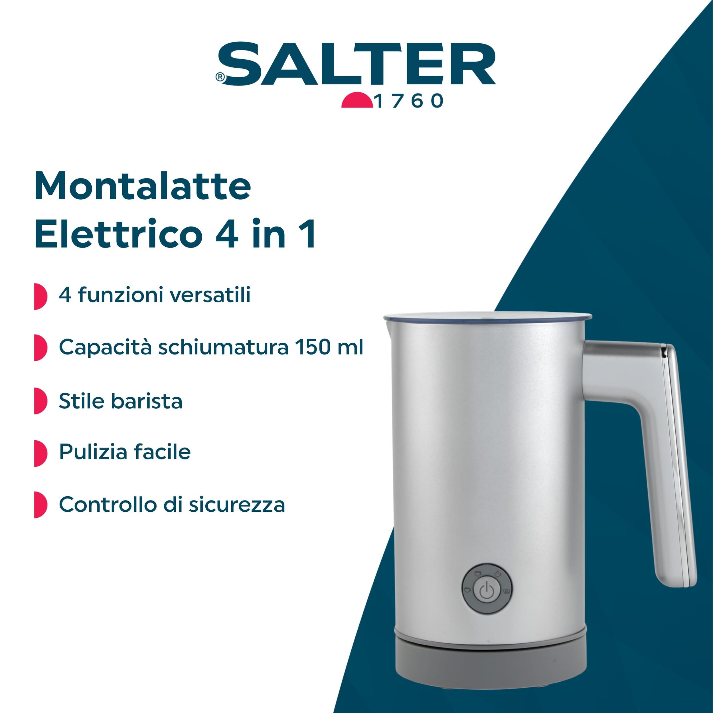 Salter EK6359MMSVDE Aspen Montalatte - Vaporiera elettrica 4 in 1, schiuma di latte calda e fredda, caffè, cappuccino, latte, capacità di schiumatura 150 ml/capacità di riscaldamento 300 ml, 500 W