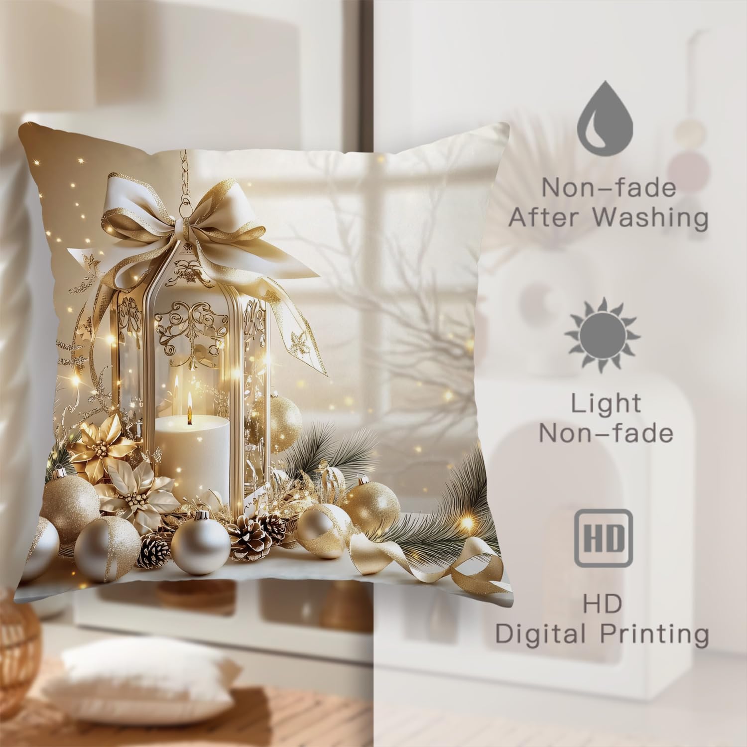 Winter Christmas Pillow Covers Set of 4, Elegant Luxury White Gold Balls Ornament Wreath Throw Pillows Case, Cozy Gift Box Festive Decorative Square Home Sofa Bed Couch Accents Covers 20x20 Inch