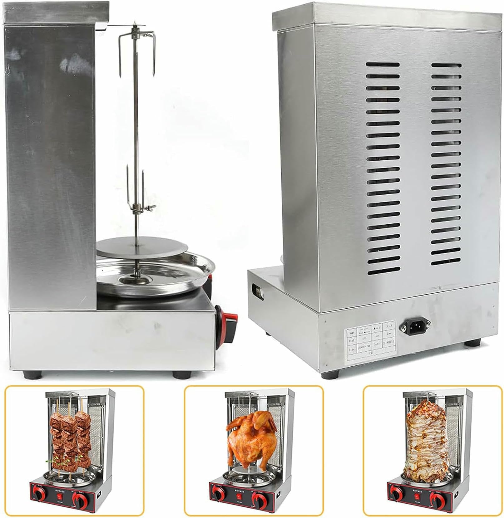 Máquina vertical de kebab, parrilla de gas de rotación automática, horno asador comercial y doméstico con 2 quemadores para kebabs perfectos, fácil operación y cocción versátil