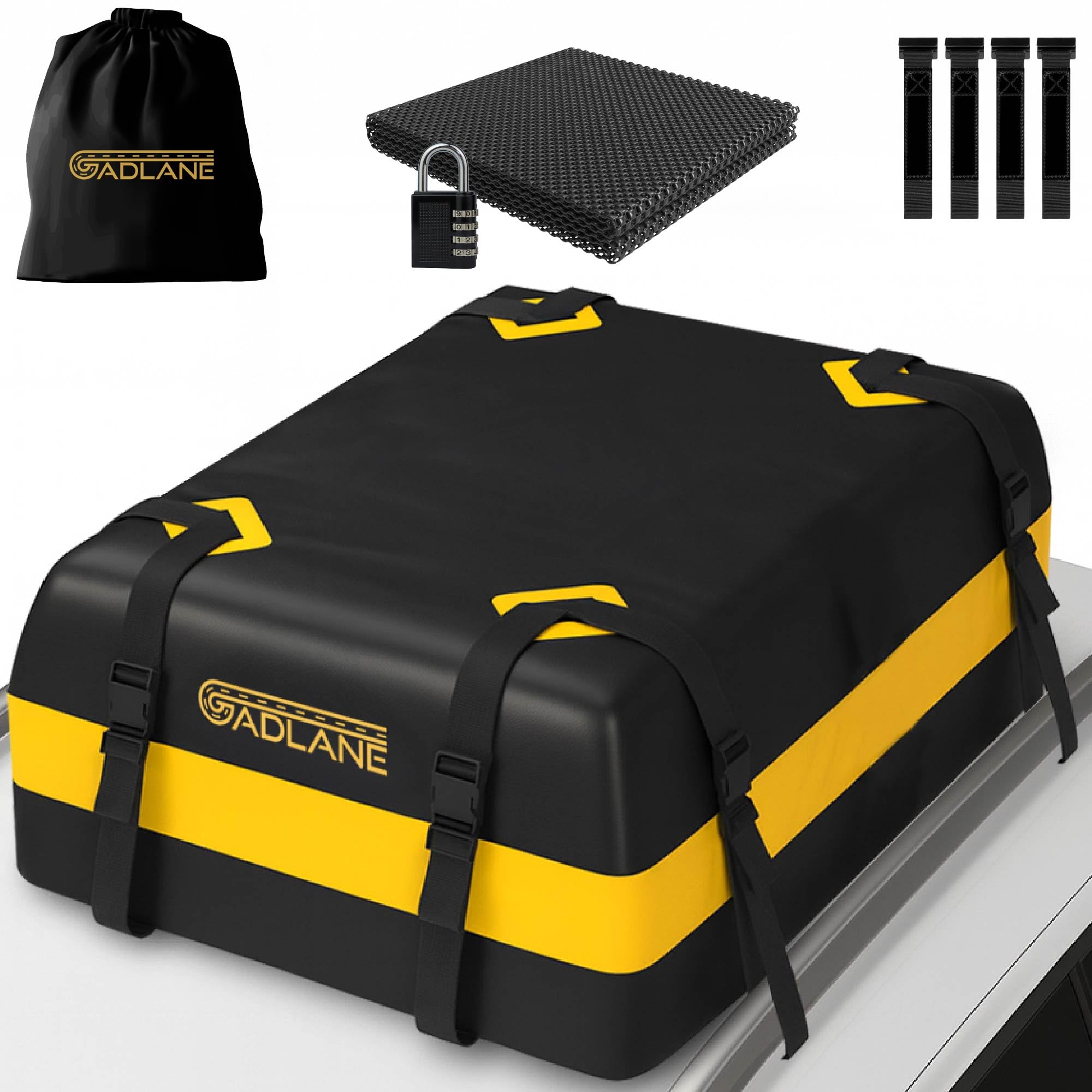 GADLANE Borsa da Tetto per Auto - 425L Box da Tetto Impermeabile per Auto con/senza Portapacchi, con Tappetino Antiscivolo, 4 Cinghie Robuste, Lucchetto a Combinazione, Borsa Portaoggetti (Gialla)