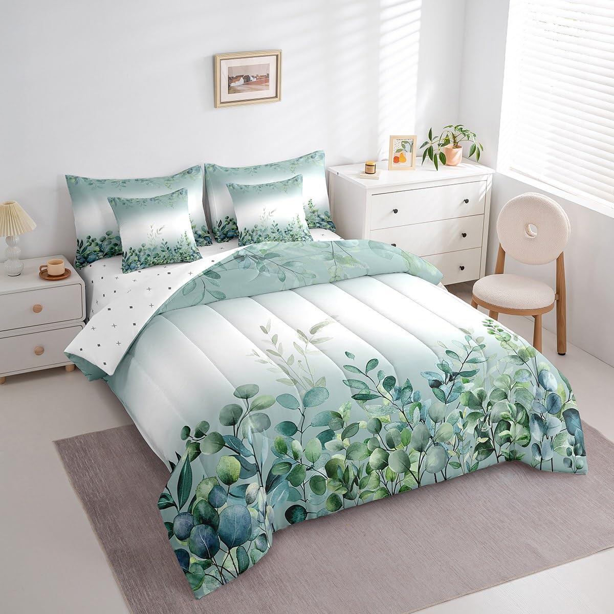 Erosebridal Sage Green Eucalyptus Bedding Rustic Farmhouse Queen Comforter Set with Sheets 7 Piece Watercolor Botanical Leaves Bed in A Bag for Kids Adults Eucalyptus Plants Country Bed Set