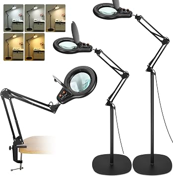15X Magnifying Glass with Light and Stand, Bright 2,200 Lumens for Multi-Color Modes Dimmable, 3-in-1 Adjustable Swing Arm Floor Lamp, Hands Free Lighted Magnifier for Reading Crafts, Black