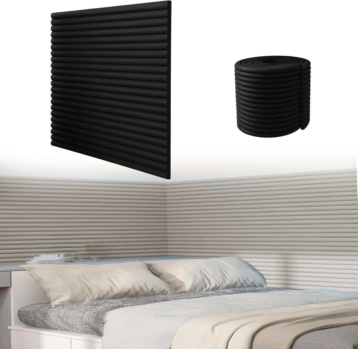 Width 3 6 8 24 32 in Anti-Collision Wall Padding, Self Adhesive Headboard Wall Soft Mat, Living Room Upholstered Wall Tool-Free Installation(Black,W 6 in L 16.4 FT)