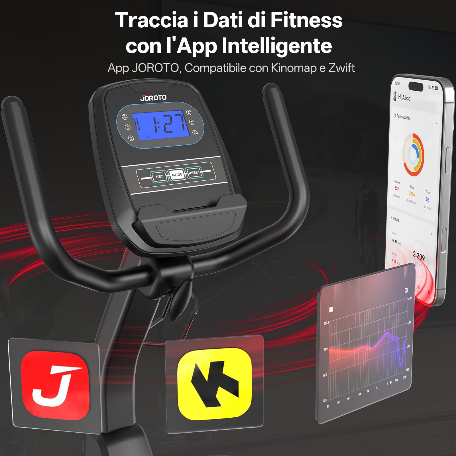JOROTO JH50 Cyclette Orizzontale, Cyclette da Seduta Bluetooth con App, 16 Livelli di Resistenza Magnetica, Sella e Schienale Regolabili Fino a 182KG, Display LCD, Sensori di Frequenza Cardiaca